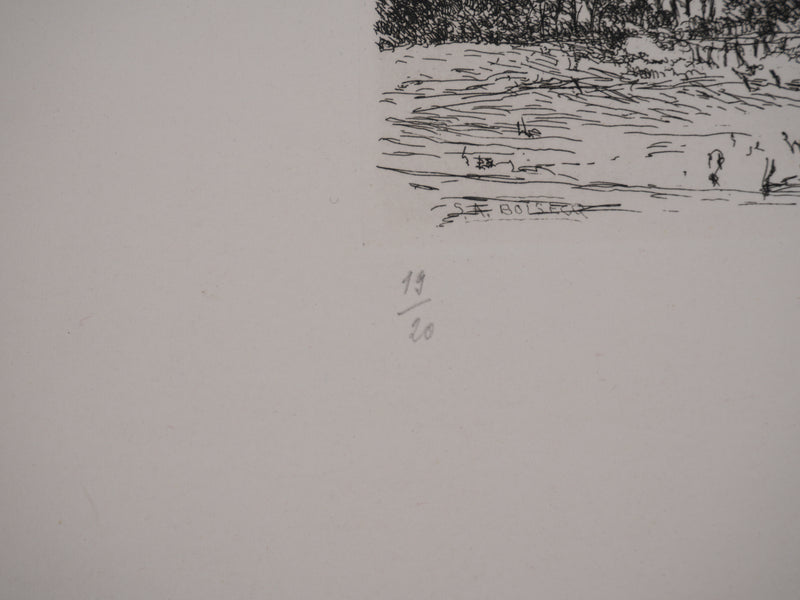 Salomon Alfred BOISECQ : Maisons sur la plage, Gravure originale signée