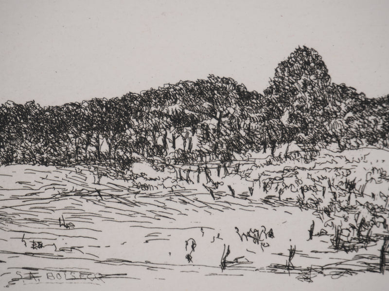 Salomon Alfred BOISECQ : Maisons sur la plage, Gravure originale signée