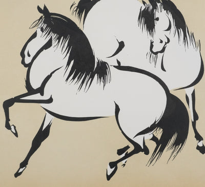 Mokuchu URUSHIBARA : Estampe japonaise, Deux chevaux paradant (crème), Lithographie signée