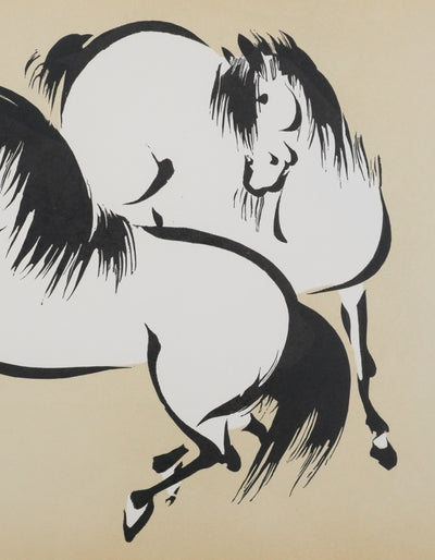 Mokuchu URUSHIBARA : Estampe japonaise, Deux chevaux paradant (crème), Lithographie signée