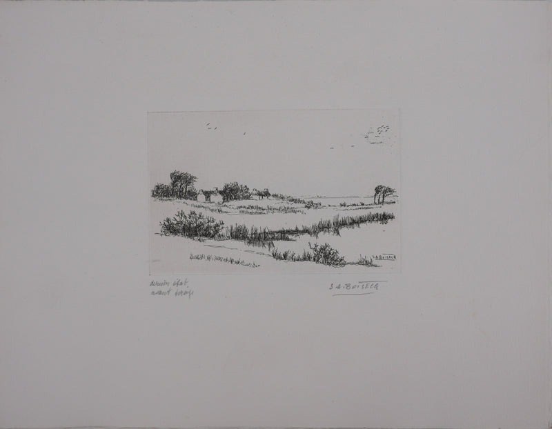 Salomon Alfred BOISECQ : Cabanons au bord du lac, Gravure originale signée
