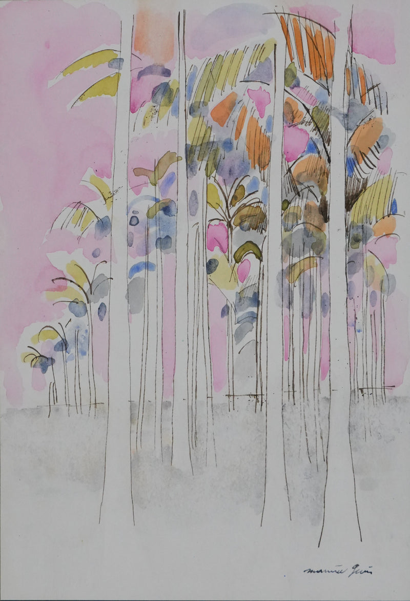 Maurice GENIS : Palmeraie au soleil couchant, Dessin original signé
