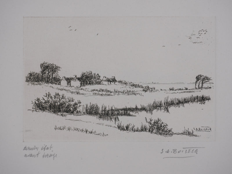 Salomon Alfred BOISECQ : Cabanons au bord du lac, Gravure originale signée