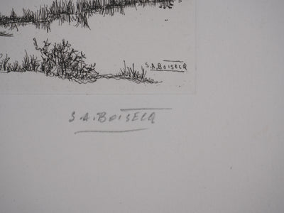 Salomon Alfred BOISECQ : Cabanons au bord du lac, Gravure originale signée
