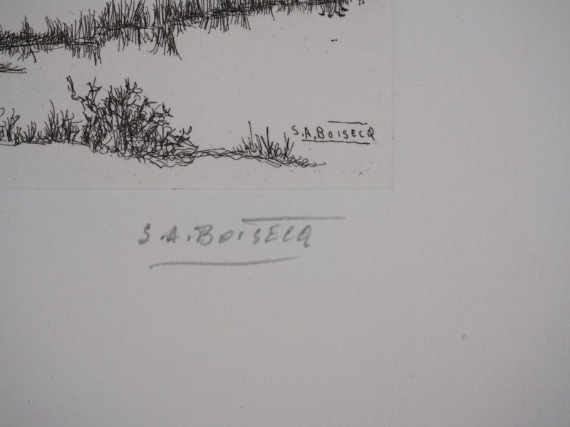 Salomon Alfred BOISECQ : Cabanons au bord du lac, Gravure originale signée