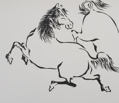 Mokuchu URUSHIBARA : Estampe japonaise, Couple de chevaux jouant, Lithographie signée