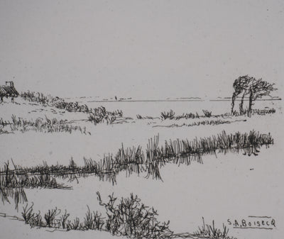 Salomon Alfred BOISECQ : Cabanons au bord du lac, Gravure originale signée