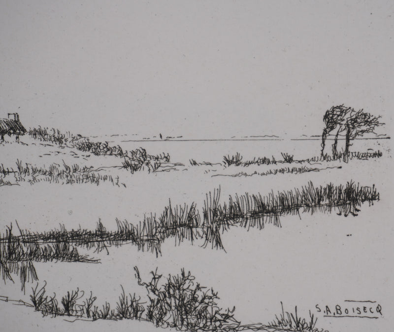 Salomon Alfred BOISECQ : Cabanons au bord du lac, Gravure originale signée