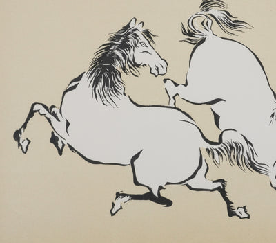 Mokuchu URUSHIBARA : Estampe japonaise, Couple de chevaux jouant (crème), Lithographie signée