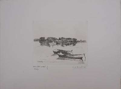 Salomon Alfred BOISECQ : Les barques sur le lac, Gravure originale signée
