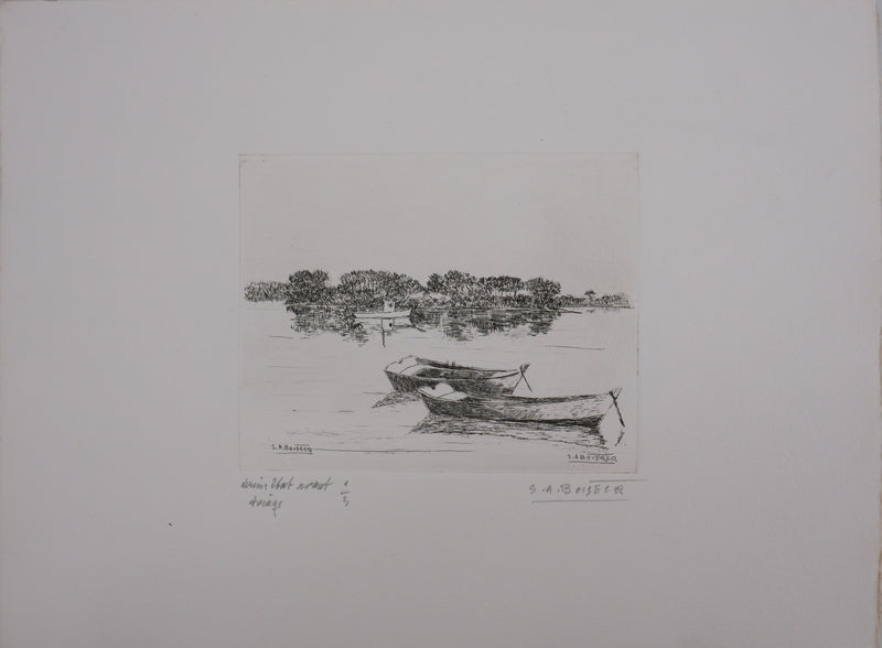 Salomon Alfred BOISECQ : Les barques sur le lac, Gravure originale signée