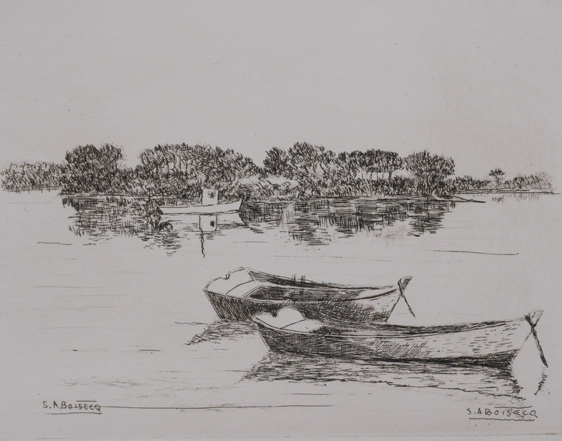 Salomon Alfred BOISECQ : Les barques sur le lac, Gravure originale signée