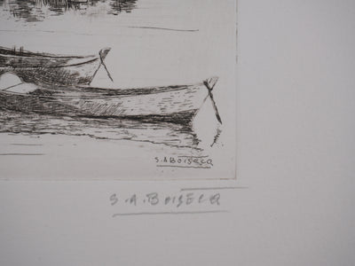 Salomon Alfred BOISECQ : Les barques sur le lac, Gravure originale signée