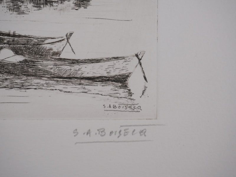Salomon Alfred BOISECQ : Les barques sur le lac, Gravure originale signée