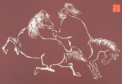 Mokuchu URUSHIBARA : Estampe japonaise, Couple de chevaux jouant (rouge), Lithographie signée