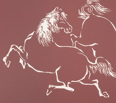 Mokuchu URUSHIBARA : Estampe japonaise, Couple de chevaux jouant (rouge), Lithographie signée