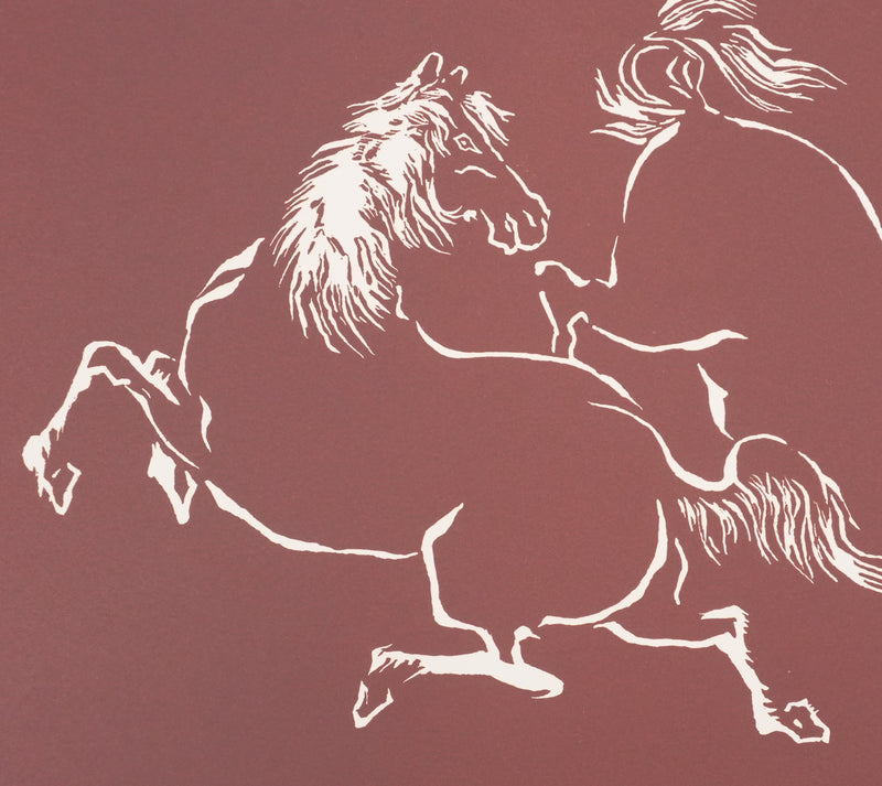Mokuchu URUSHIBARA : Estampe japonaise, Couple de chevaux jouant (rouge), Lithographie signée