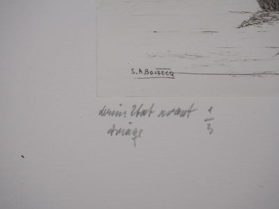 Salomon Alfred BOISECQ : Les barques sur le lac, Gravure originale signée