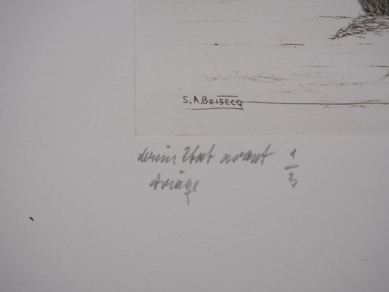 Salomon Alfred BOISECQ : Les barques sur le lac, Gravure originale signée