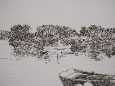 Salomon Alfred BOISECQ : Les barques sur le lac, Gravure originale signée