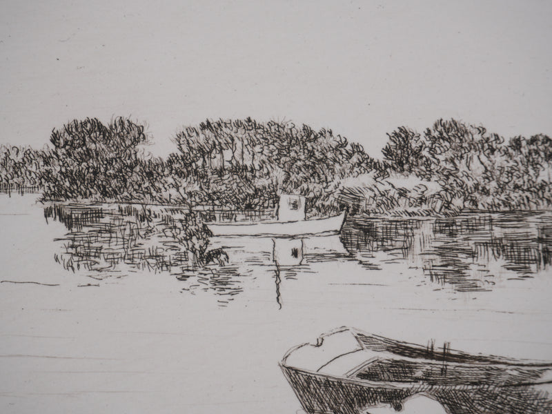 Salomon Alfred BOISECQ : Les barques sur le lac, Gravure originale signée