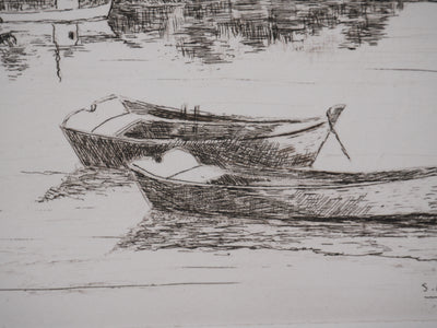 Salomon Alfred BOISECQ : Les barques sur le lac, Gravure originale signée