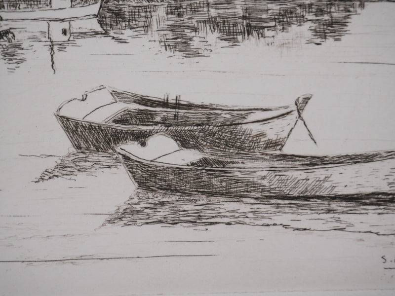 Salomon Alfred BOISECQ : Les barques sur le lac, Gravure originale signée