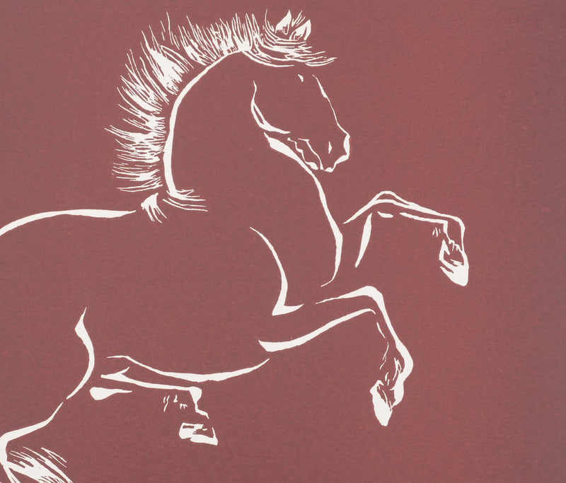 Mokuchu URUSHIBARA : Estampe japonaise, Cheval cabré (rouge), Lithographie signée