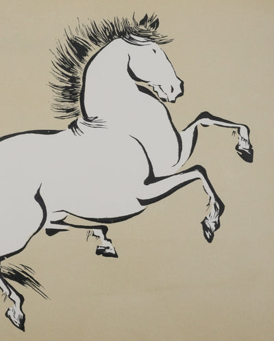 Mokuchu URUSHIBARA : Estampe japonaise, Cheval cabré (crème), Lithographie signée
