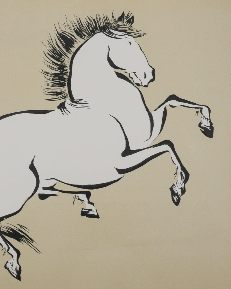 Mokuchu URUSHIBARA : Estampe japonaise, Cheval cabré (crème), Lithographie signée
