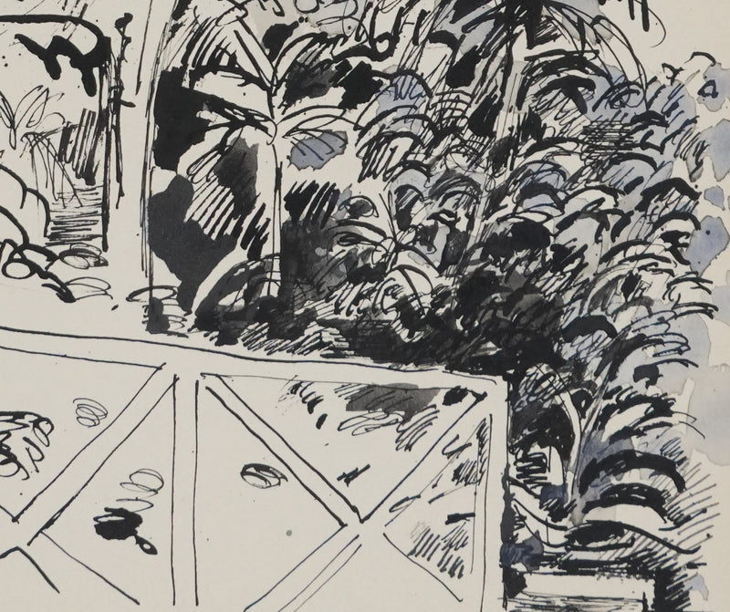 Maurice GENIS : Le jardin aux palmiers, Dessin original signé