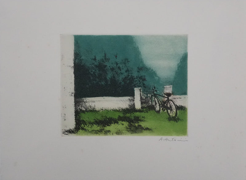 Annapia ANTONINI : Le jardin à la bicyclette, Gravure originale signée