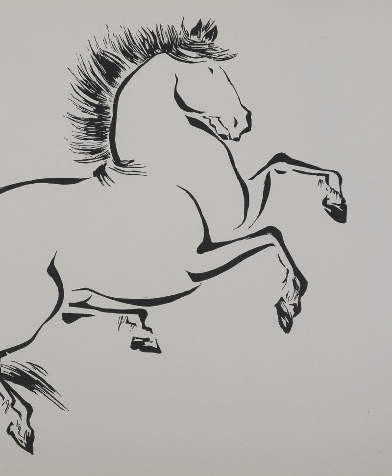 Mokuchu URUSHIBARA : Estampe japonaise, Cheval cabré, Lithographie signée