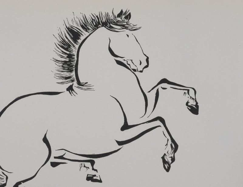 Mokuchu URUSHIBARA : Estampe japonaise, Cheval cabré, Lithographie signée