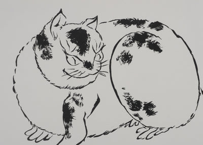 Mokuchu URUSHIBARA : Estampe japonaise, Le Chat, Lithographie signée