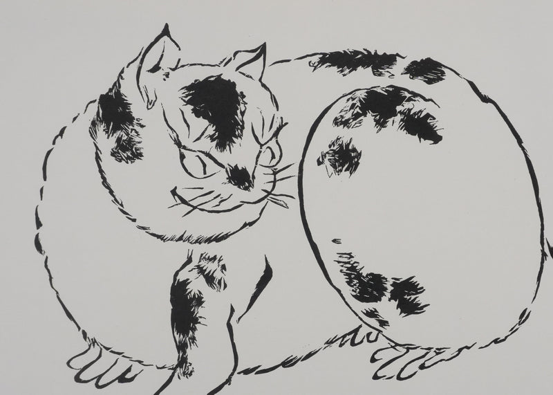 Mokuchu URUSHIBARA : Estampe japonaise, Le Chat, Lithographie signée