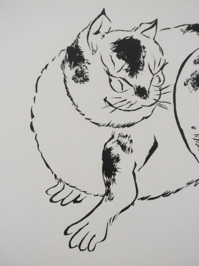 Mokuchu URUSHIBARA : Estampe japonaise, Le Chat, Lithographie signée