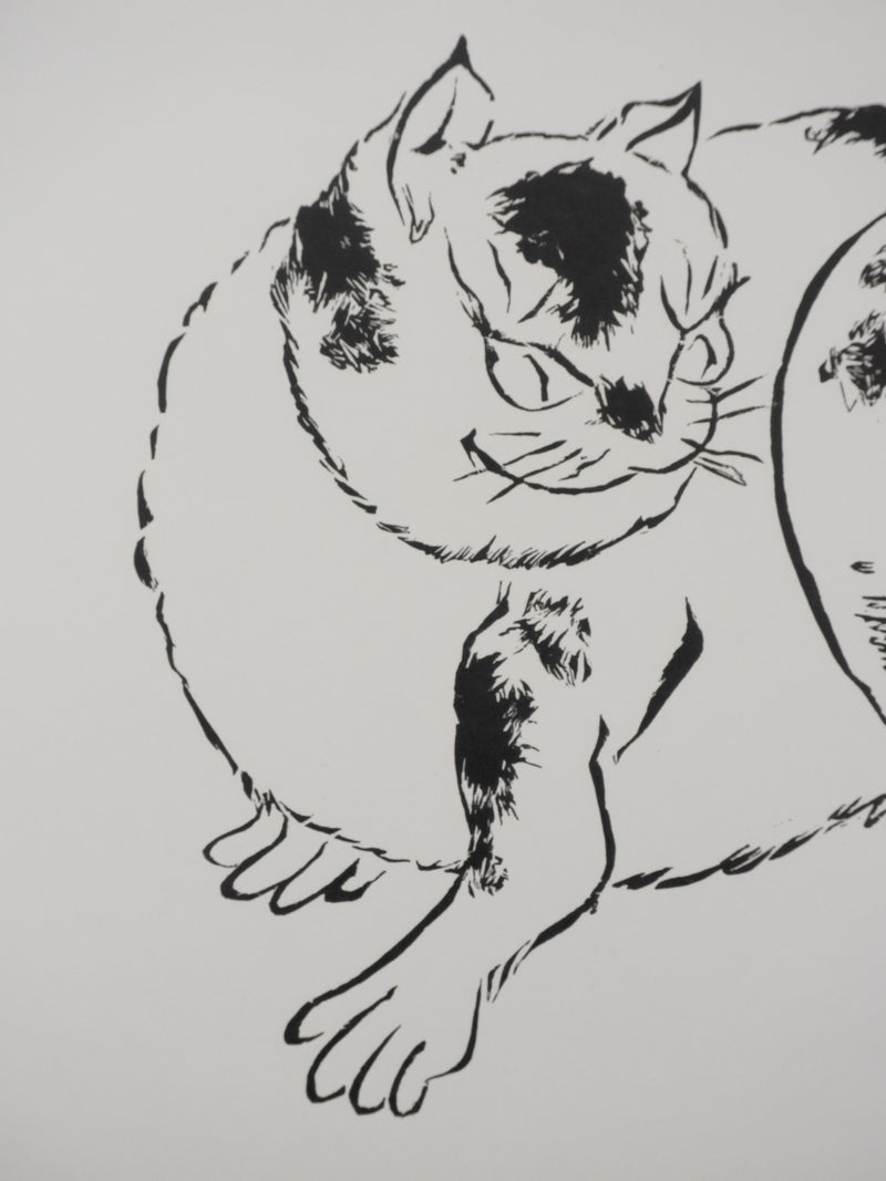 Mokuchu URUSHIBARA : Estampe japonaise, Le Chat, Lithographie signée