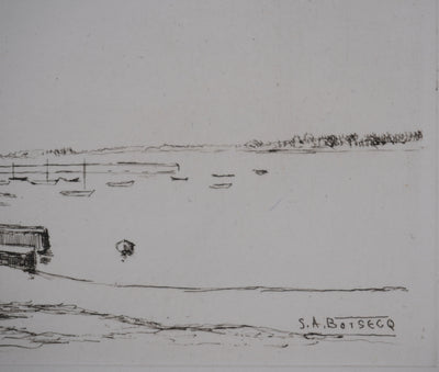 Salomon Alfred BOISECQ : Le petit port au fard, Gravure originale signée