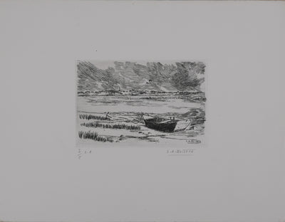 Salomon Alfred BOISECQ : Le village au bord de l'océan, Gravure originale signée