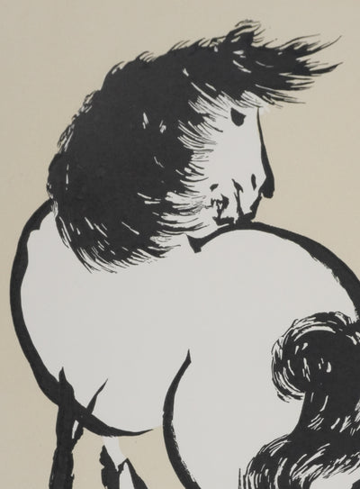 Mokuchu URUSHIBARA : Estampe japonaise, Cheval se retournant (crème), Lithographie signée