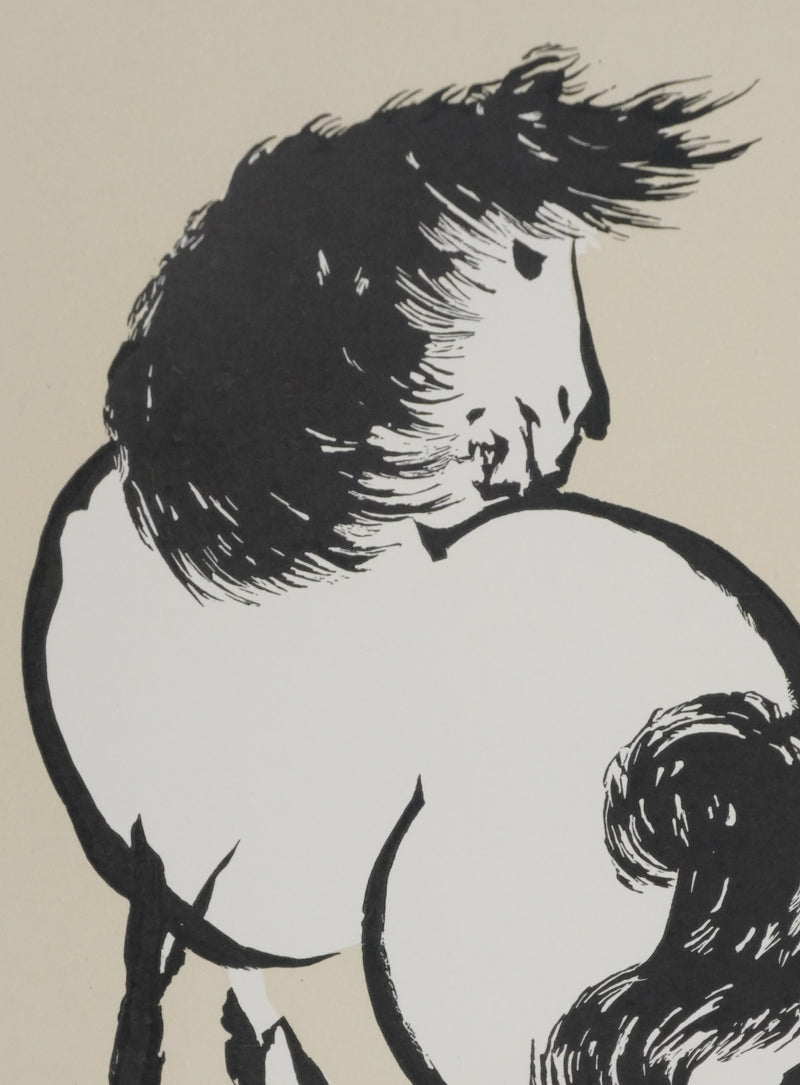Mokuchu URUSHIBARA : Estampe japonaise, Cheval se retournant (crème), Lithographie signée