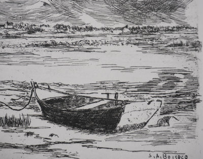 Salomon Alfred BOISECQ : Le village au bord de l'océan, Gravure originale signée