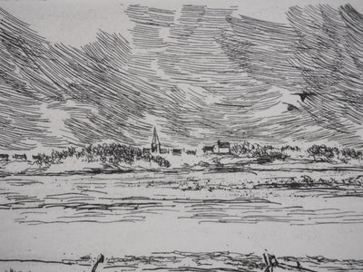 Salomon Alfred BOISECQ : Le village au bord de l'océan, Gravure originale signée