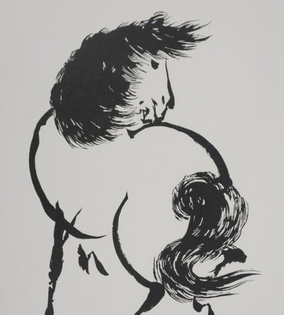 Mokuchu URUSHIBARA : Estampe japonaise, Cheval se retournant, Lithographie signée