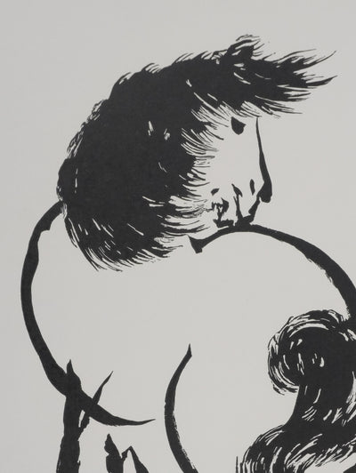Mokuchu URUSHIBARA : Estampe japonaise, Cheval se retournant, Lithographie signée