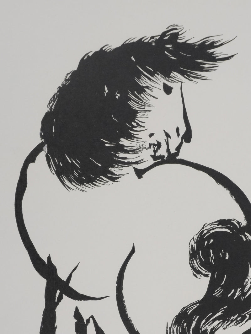 Mokuchu URUSHIBARA : Estampe japonaise, Cheval se retournant, Lithographie signée