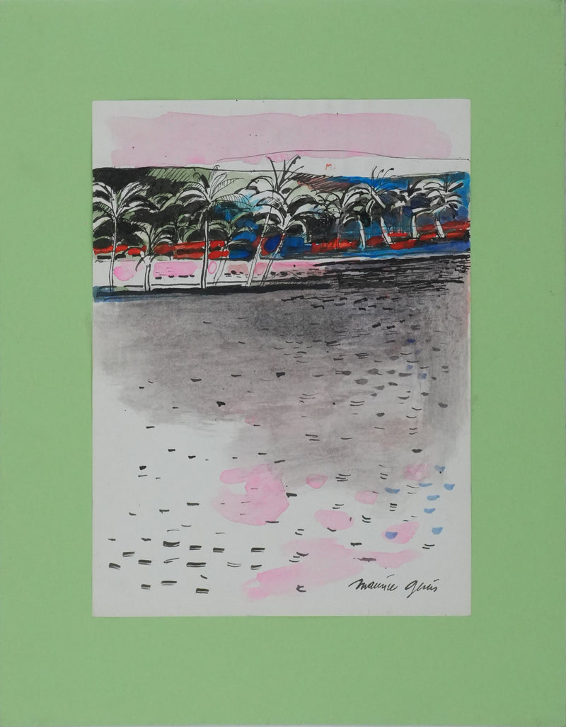Maurice GENIS : Le bord de mer au soleil couchant, Dessin original signé