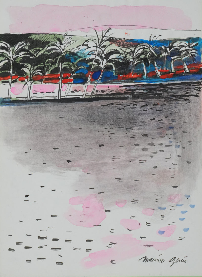 Maurice GENIS : Le bord de mer au soleil couchant, Dessin original signé