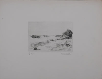 Salomon Alfred BOISECQ : La petite plage du lac, Gravure originale signée